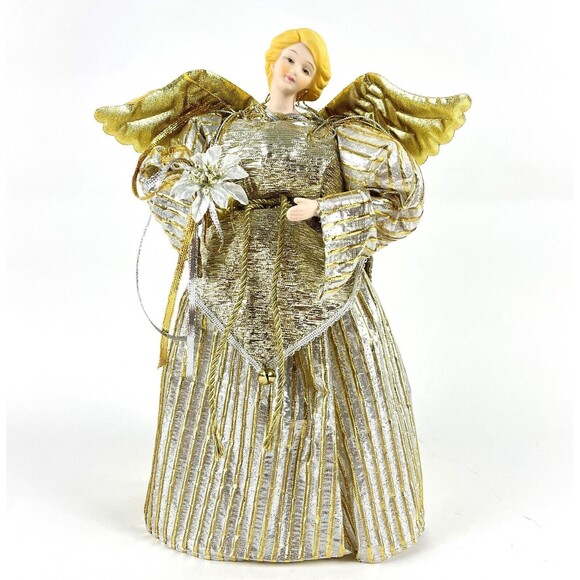 Golden Winged Angel Christmas Tree Topper with Bell & Flower Porcelain Face 12in - Picture 1 of 13